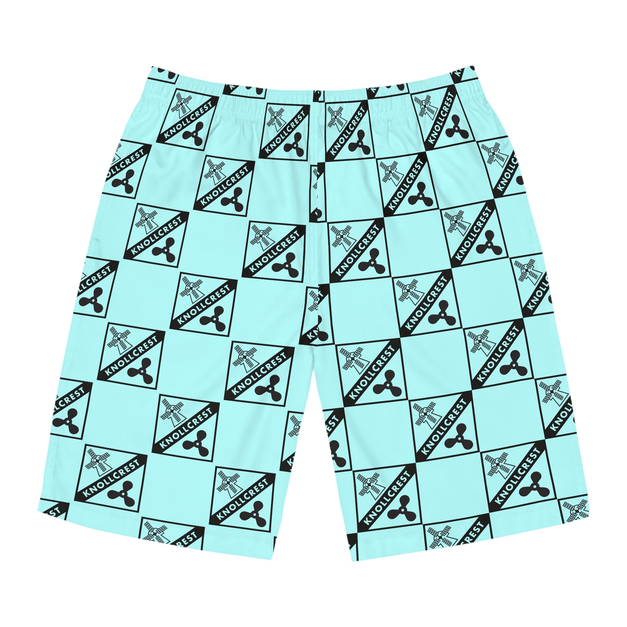 Aqua Checkerboard Logo Board Shorts — Men’s All-Over Print Swim Trunks