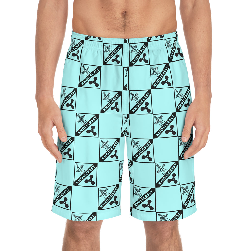Aqua Checkerboard Logo Board Shorts — Men’s All-Over Print Swim Trunks