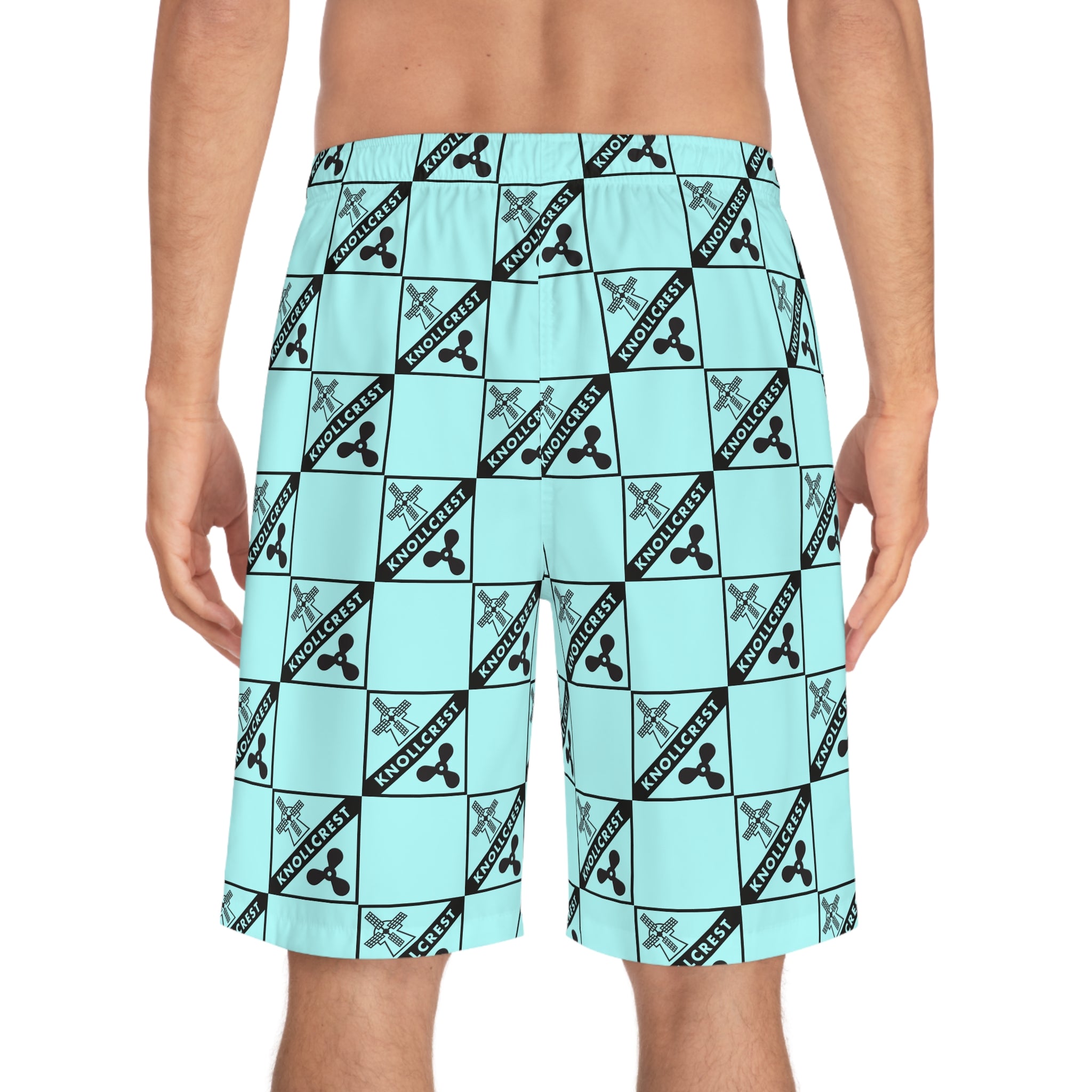 Aqua Checkerboard Logo Board Shorts — Men’s All-Over Print Swim Trunks