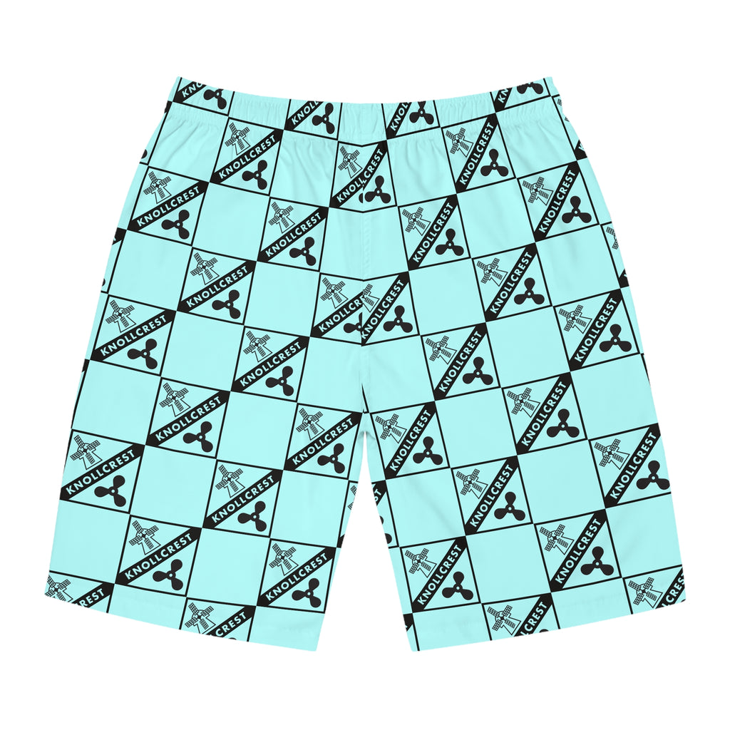 Aqua Checkerboard Logo Board Shorts — Men’s All-Over Print Swim Trunks