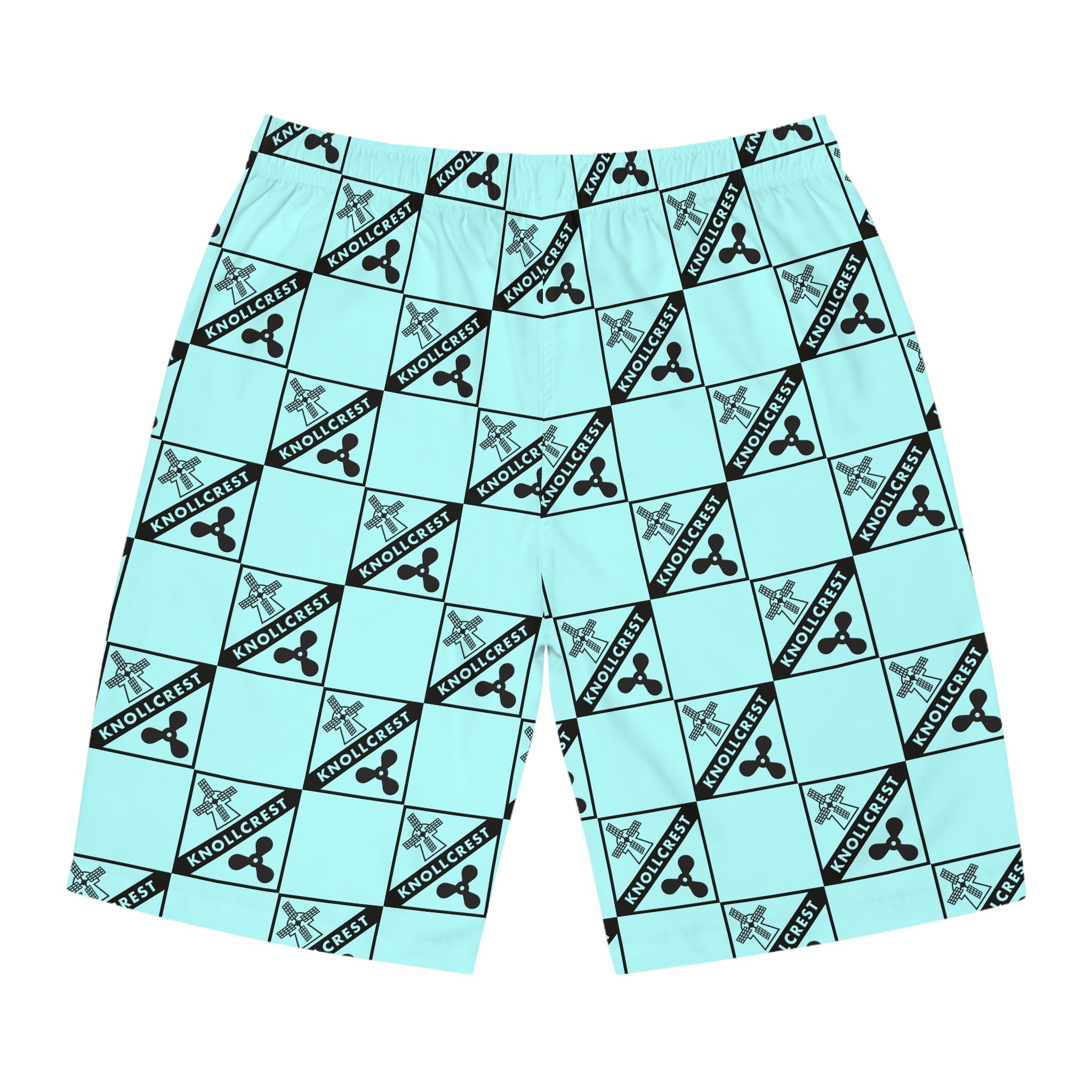 Aqua Checkerboard Logo Board Shorts — Men’s All-Over Print Swim Trunks
