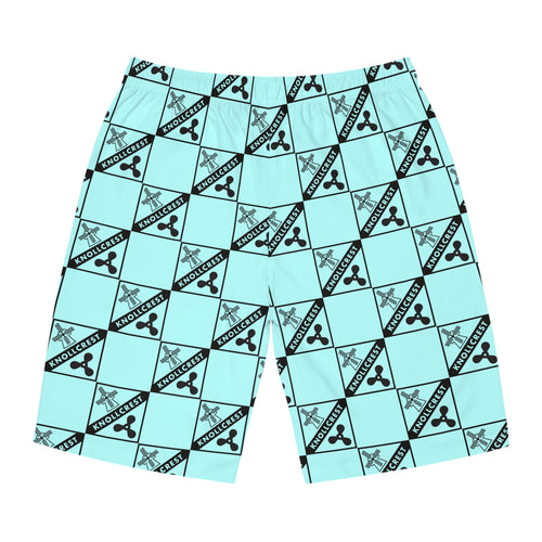 Aqua Checkerboard Logo Board Shorts — Men’s All-Over Print Swim Trunks